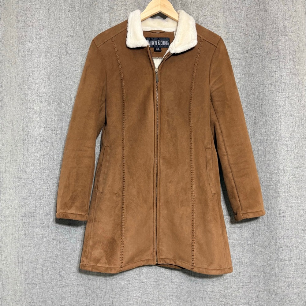 Marvin Richards Womens Small Faux Suede Shearling Coat Brown Zip Up Mid Length